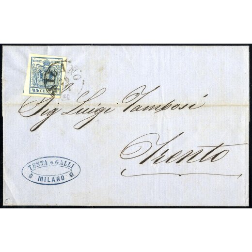 1854, 45 Cent. azzurro, carta a macchina, su lettera da Milano (Sass. 22)