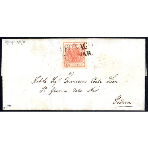 1850, 15 Cent. rosso, primo tipo, su lettera da Legnago (Sass. 3 - ANK 3HI)