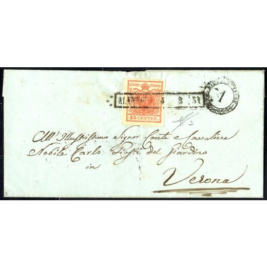 1850, 15 Cent. rosso, primo tipo, su lettera da Mantova, firm. Sorani (Sass. 3 - ANK 3HI)