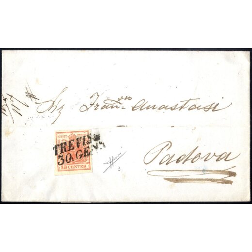 1850, 15 Cent. rosso, primo tipo, su lettera da Treviso, firm. Sorani (Sass. 3 - ANK 3HI)