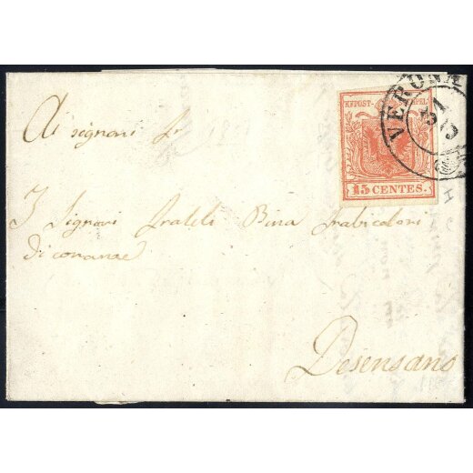 1850, 15 Cent. rosso vermiglio, primo tipo, su lettera da Verona (Sass. 3e - ANK 3HI)