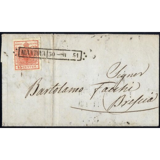 1850, 15 Cent. rosso vermiglio, primo tipo, su lettera da Mantova (Sass. 3e - ANK 3HI)