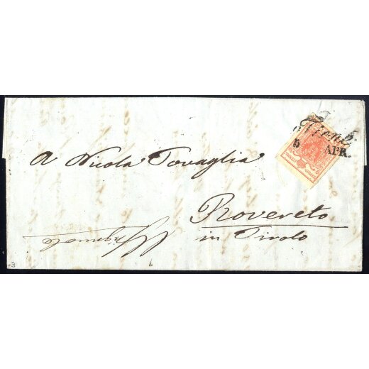 1850, 15 Cent. rosso vermiglio, primo tipo, su lettera da Tiene (Sass. 3e - ANK 3HI)