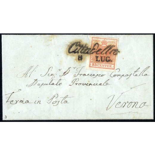 1850, 15 Cent. rosso vermiglio, primo tipo, su lettera da Cittadella (Sass. 3e - ANK 3HI)