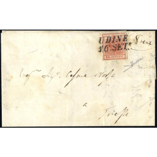 1850, 15 Cent. rosso vermiglio, primo tipo, su lettera da Udine, firm. A. Sorani (Sass. 3e - ANK 3HI)