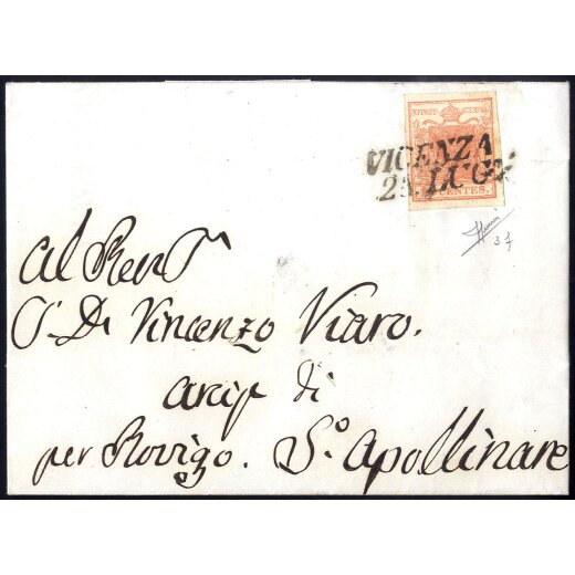 1850, 15 Cent. rosso vermiglio chiaro, primo tipo, su lettera da Vicenza, firm. Sorani (Sass. 3f - ANK 3HI)
