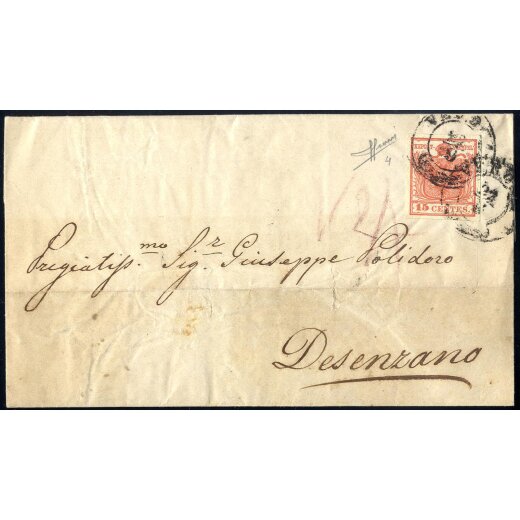 1850, 15 Cent., rosso vermiglio, secondo tipo, su lettera da Verona, firm. Sorani (Sass. 4)