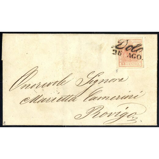 1850, 15 Cent. rosa. secondo tipo su lettera da Dolo (Sass. 5 - ANK 3HII)