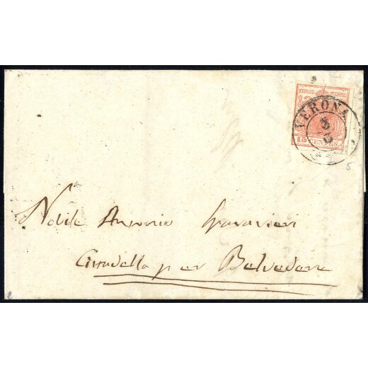 1850, 15 Cent. rosa. secondo tipo su lettera da Verona (Sass. 5 - ANK 3HII)