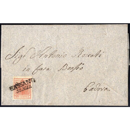1850, 15 Cent. rosa. secondo tipo su lettera da Bassano (Sass. 5 - ANK 3HII)
