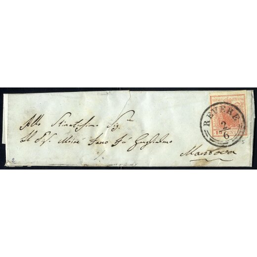 1850, 15 Cent. rosa. secondo tipo su lettera da Revere (Sass. 5 - ANK 3HII)