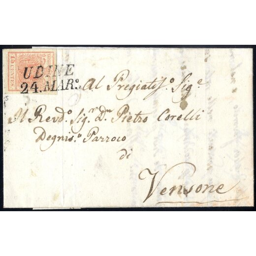 1850, 15 Cent. rosa. secondo tipo su lettera da Udine (Sass. 5 - ANK 3HII)