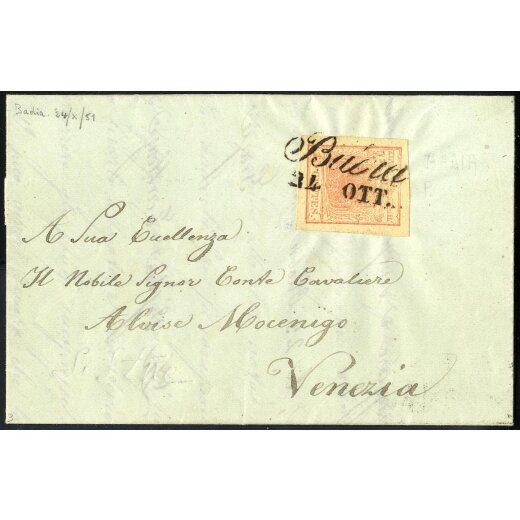 1850, 15 Cent. rosa. secondo tipo su lettera da Badia (Sass. 5 - ANK 3HII)