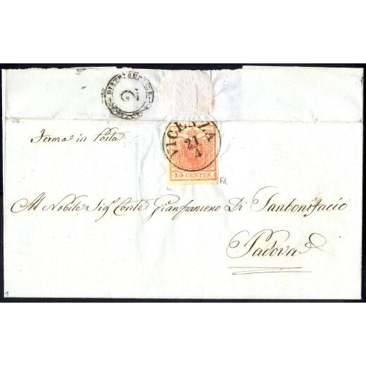 1850, 15 Cent. rosso carminio, secondo tipo su lettera da Vicenza (Sass. 5a - ANK 3HII)