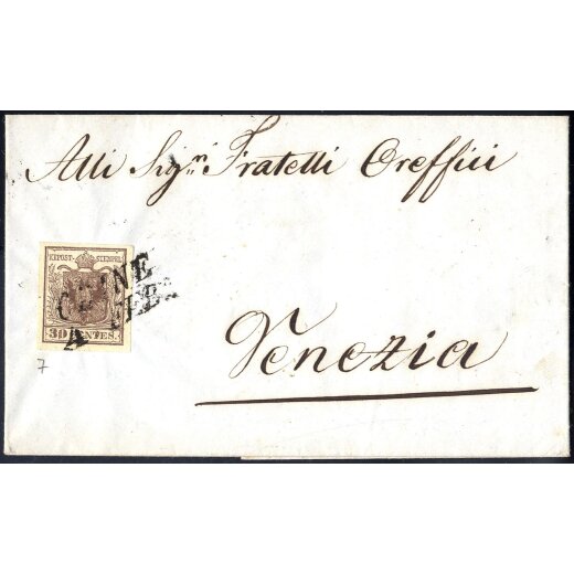 1850, 30 Cent. bruno, primo tipo, su lettera da Udine (Sass. 7 - ANK 4HI)