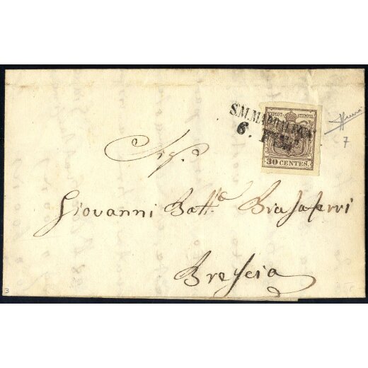 1850, 30 Cent. bruno, primo tipo, su lettera da Stellata 6.2.1853 impostata a Santa Maria Maddalena per Brescia, firm. Sorani (Sass. 7 - ANK 4HI)