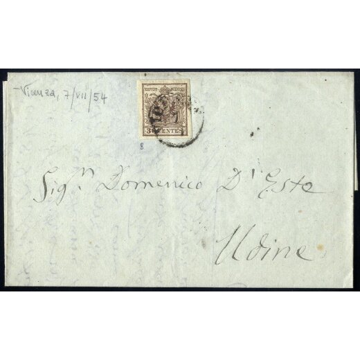 1850, 30 Cent. bruno scuro, secondo tipo, su lettera da Vicenza (Sass. 8 - ANK 4HIII)