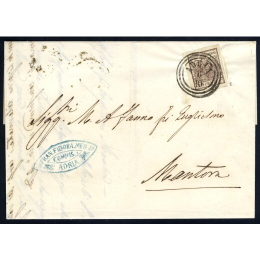 1850, 30 Cent. bruno scuro, secondo tipo, su lettera da Adria (Sass. 8 - ANK 4HIII)