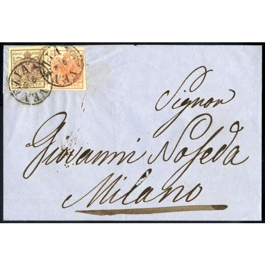 1854, Lettera della terza distanza affrancata con Sass. 20 + 21