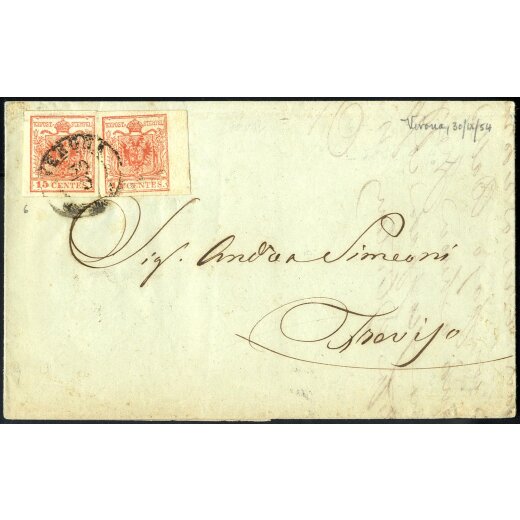1850, 15 Cent. rosso, terzo tipo, due esemplari, di cui uno bordo di foglio, su lettera da Verona (Sass. 6 - ANK 3HIII)