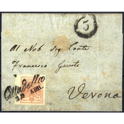 1850, 15 Cent. rosso, terzo tipo, bordo di foglio a destra, su lettera da Cittadella (Sass. 6 - ANK 3HIII)