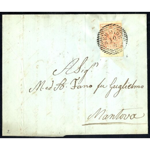 1850, 15 Cent. rosso, terzo tipo, bordo di foglio in basso, su lettera da Padova (Sass. 6 - ANK 3HIII)