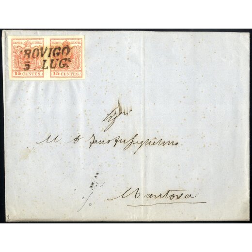 1854, 15 Cent. rosso, terzo tipo, coppia su lettera da Rovigo (Sass. 20 - ANK 3MIII)