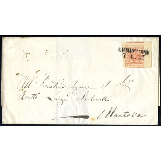 1854, 15 Cent. rosso, terzo tipo, bordo di foglio a destra su lettera da S. Maria Maddalena (Sass. 20 - ANK 3MIII)