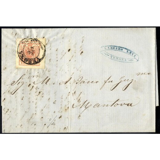 1854, 15 Cent. rosso, terzo tipo, bordo di foglio a destra su lettera da Verona (Sass. 20 - ANK 3MIII)