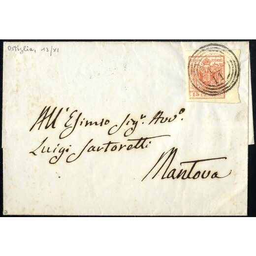 1854, 15 Cent. rosso, terzo tipo, bordo di foglio a destra su lettera da Ostiglia (Sass. 20 - ANK 3MIII)