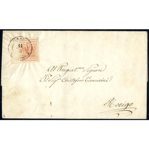 1854, 15 Cent. rosso, terzo tipo, bordo di foglio a sinistra su lettera da Massa (Sass. 20 - ANK 3MIII)