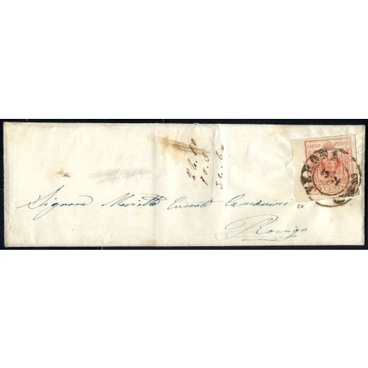1854, 15 Cent. rosso, terzo tipo, bordo di foglio a sinistra su lettera da Verona (Sass. 20 - ANK 3MIII)