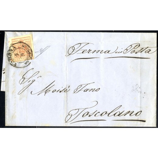 1854, 15 Cent. rosso, terzo tipo, principio di croce a sinistra, su lettera da Verona, firm. Sorani (Sass. 20 - ANK 3MIII)
