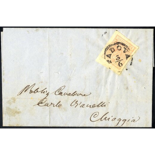 1854, 15 Cent. rosso, terzo tipo, bordo di foglio in alto su lettera da Padova (Sass. 20 - ANK 3MIII)