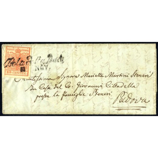 &quot;Isola della Scala / 11 NOV.&quot;, annullo corsivo su 15 Cent. rosso su lettera per Padova (Sass. 5P.)