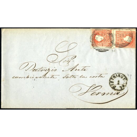 1859, 5 Soldi rosso, secondo tipo, due esemplari su lettera da Mestre (Sass. 30 - ANK 9II)