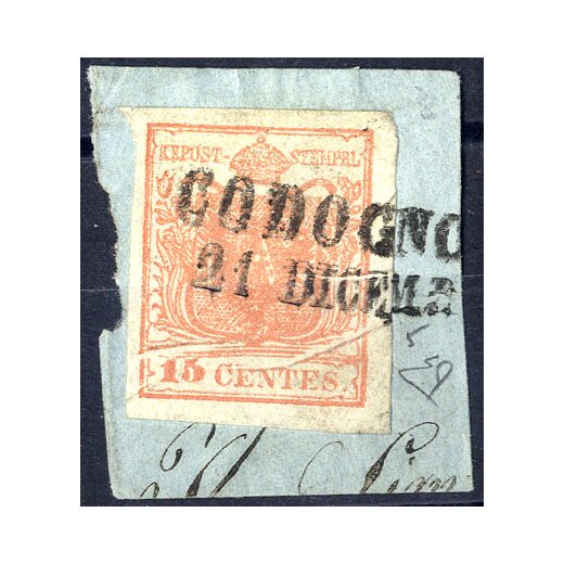 1850, &quot;Pieghe di carta&quot;, 15 Cent. rosa carminio su frammento con vistose pieghe, firm. E. Diena (Sass. 5a)