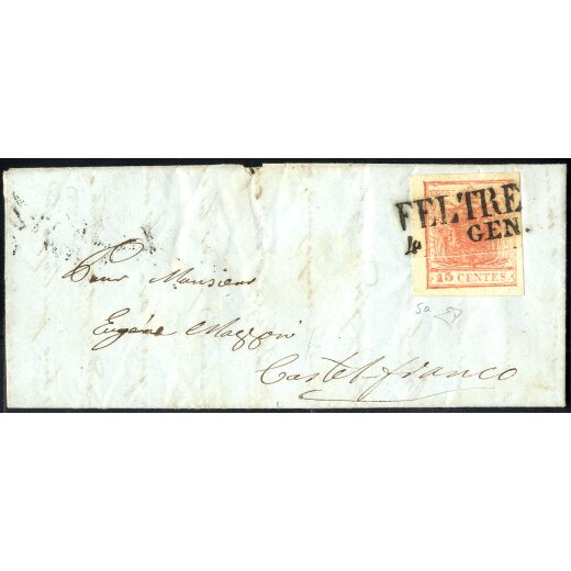 1850, &quot;Pieghe di carta&quot;, 15 Cent. rosa carminio, centro in risalto, su lettera da Feltre, firm. E. Diena (Sass. 5a)