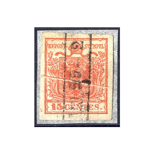 1850, "Pieghe di carta", 15 Cent. primo tipo, bordo di foglio in alto (Sass. 3)