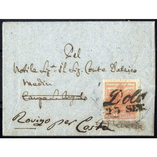 1850, &quot;Pieghe di carta&quot;, 15 Cent. rosso su lettera da Dolo 23.9.1853 per Venezia, rispedita per Costa, splendida, firm. E. Diena (Sass. 6)