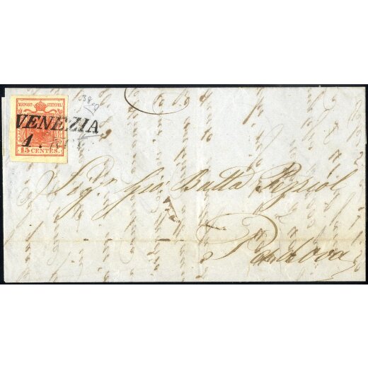 1850, &quot;Pieghe di carta&quot;, 15 Cent. rosso vermiglio, duplice piega diagonale in basso, su lettera da Venezia 1.11.1850 per Padova (Sass. 3g)