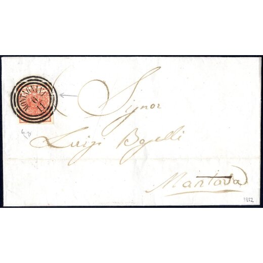 1850, &quot;Pieghe di carta&quot;, 15 Cent. rosso vivo, piega orizzontale a soffietto, su lettera da Montagnana 6.11.1852 per Mantova, firm. E. Diena (Sass. 6b)