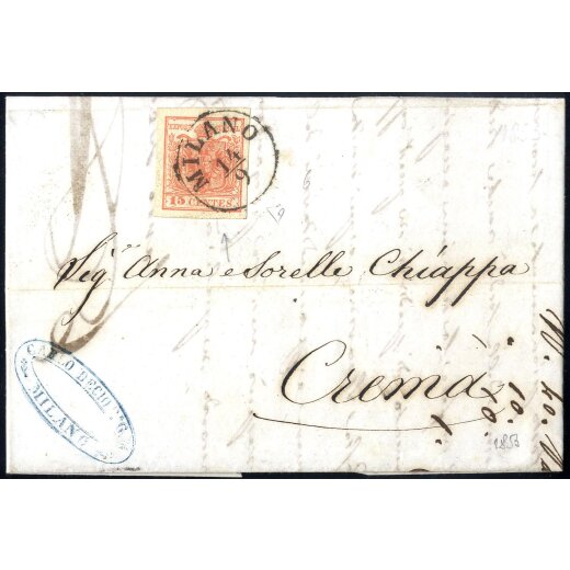 1850, &quot;Pieghe di carta&quot;, 15 Cent. rosso, terzo tipo, piega diagonale da arricciamento, su lettera da Milano 14.8.1853 per Crema (Sass. 6)