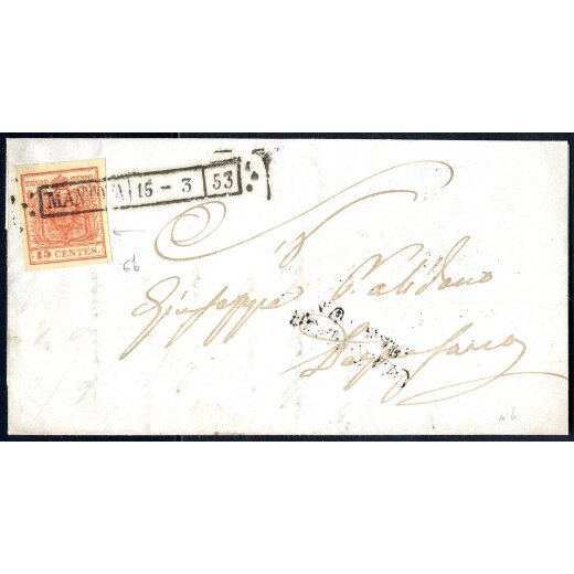 1850, &quot;Pieghe di carta&quot;, 15 Cent. rosso, terzo tipo, piega orizzontale da arricciamento, su lettera da Mantova 15.3.1853 per Desenzano (Sass. 6)