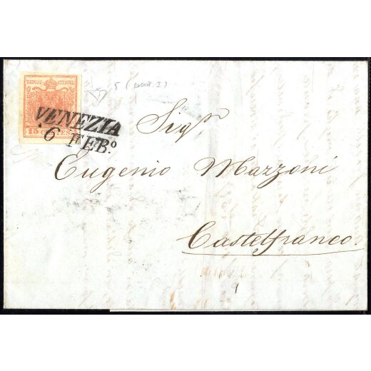 1854, &quot;Pieghe di carta&quot;, 15 Cent. rosa carminio, piega orizzontale a soffietto, su lettera da Venezia 6.2. per Castelfranco, firm. E. Diena (Sass. 5a)