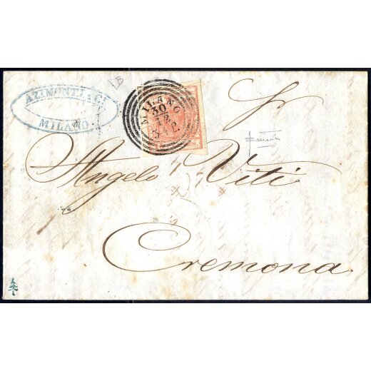 1854, &quot;Pieghe di carta&quot;, 15 Cent. rosa carminio, tre pieghe di carta, su lettera da Milano 30.12.1851 per Cremona, ex Provera, firm. E. Diena e Sottoriva (Sass. 5a)