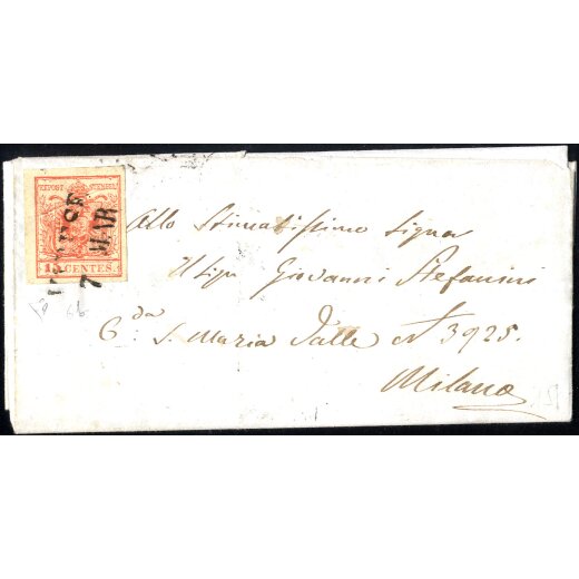 1854, &quot;Pieghe di carta&quot;, 15 Cent. rosso vivo, piega diagonale da arricciamento, su lettera da Varese 7.3.1853 per Milano, firm. E. Diena (Sass. 6b)