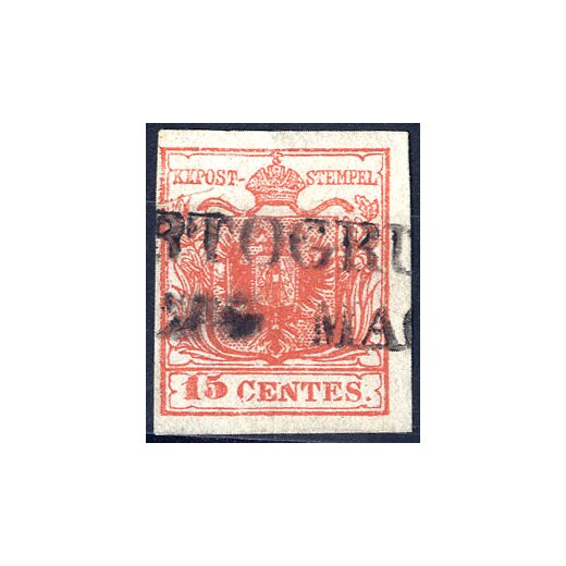 1854, &quot;Pieghe di carta&quot;, 15 Cent. rosso vermiglio, usato (Sass. 4)