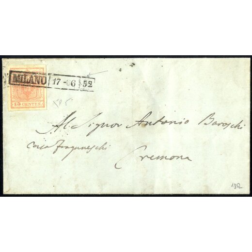 1854, &quot;Pieghe di carta&quot;, 15 Cent. rosa, piega diagonale da arricciamento, su lettera da Milano 17.6.1852 per Cremona, firm. E. Diena (Sass. 5)