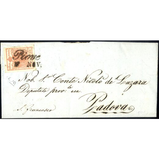 1854, &quot;Pieghe di carta&quot;, 15 Cent. rosa, triplice piega diagonale da arricciamento, su lettera da Piove 10.11.1852 per Padova, firm. E. Diena (Sass. 5)
